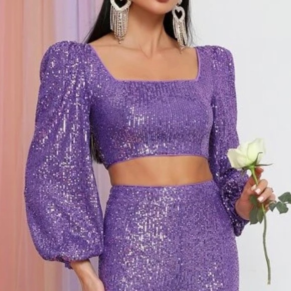 Faeriesty Tops - Faeriesty Purple Sequin Balloon Sleeve Crop Top